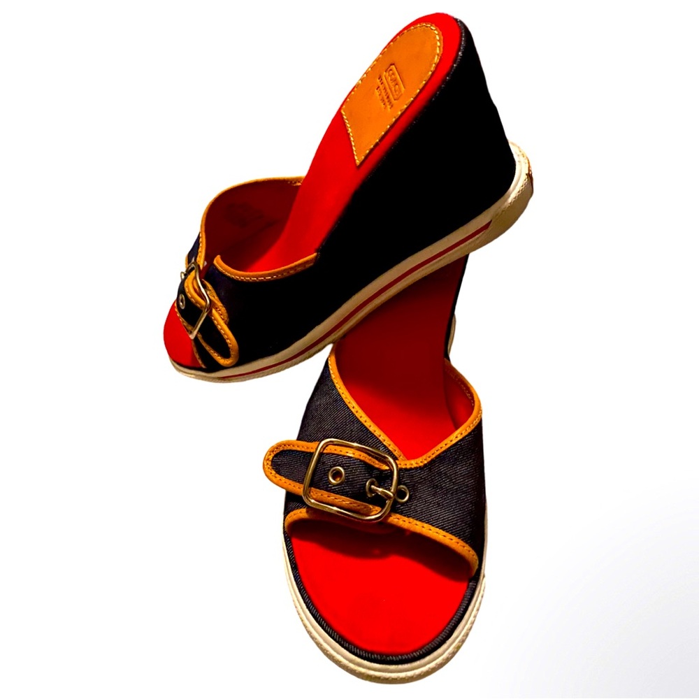 Coach Alyssa Denim High Wedge Sandals.